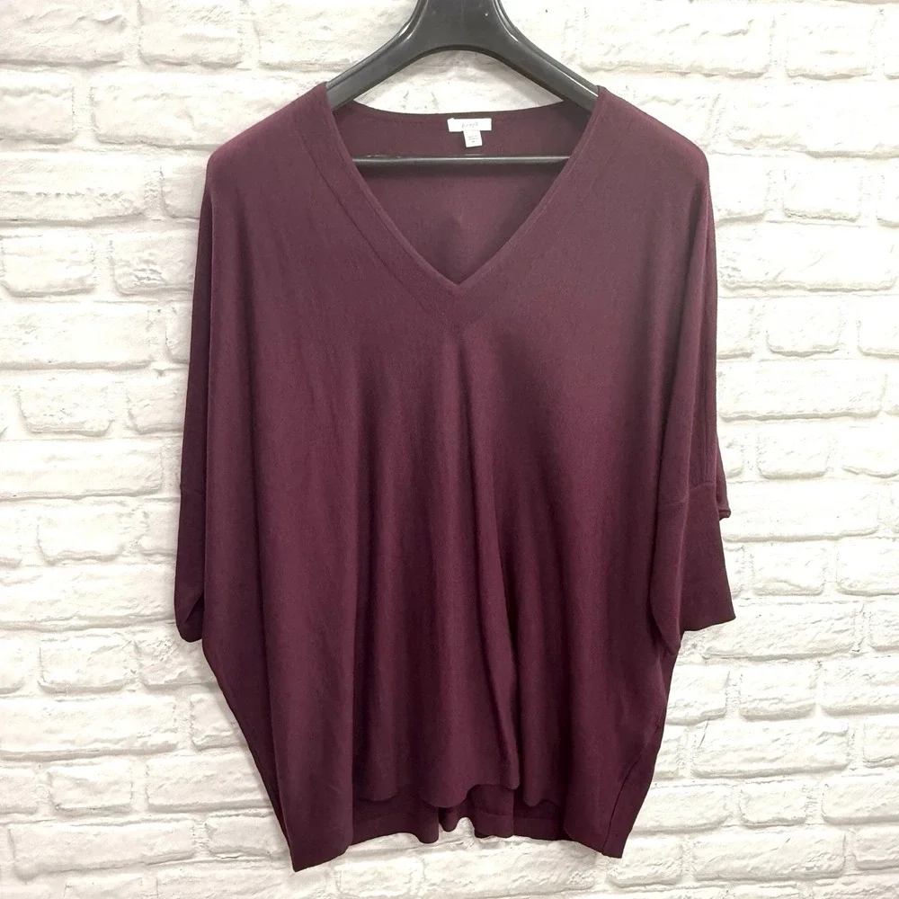 J Jill PURE JILL Sweater Tunic Sz XS Burgundy V-Neck Oversized‎ Top 3/4 Sleeves